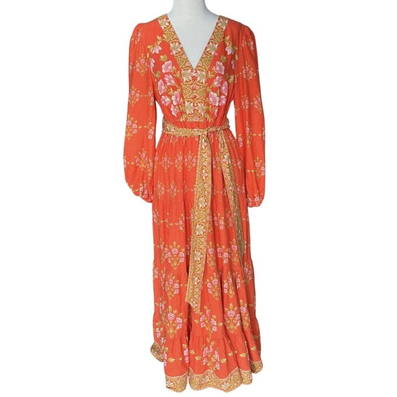 A Loves A Dresses & Skirts - A Loves A Linen Blend Long Sleeve Floral Tapestry Maxi Dress Tie Waist Medium